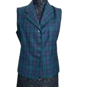 Nordstrom Navy Blue Green Wool Plaid Vintage Retro Menswear Vest Waistcoat Top